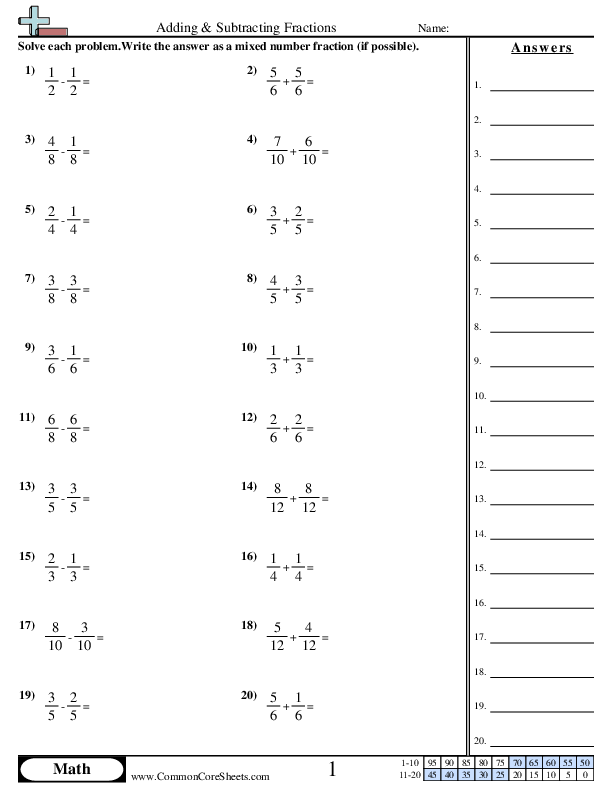 Adding & Subtracting Fractions (Same Denominator) worksheet